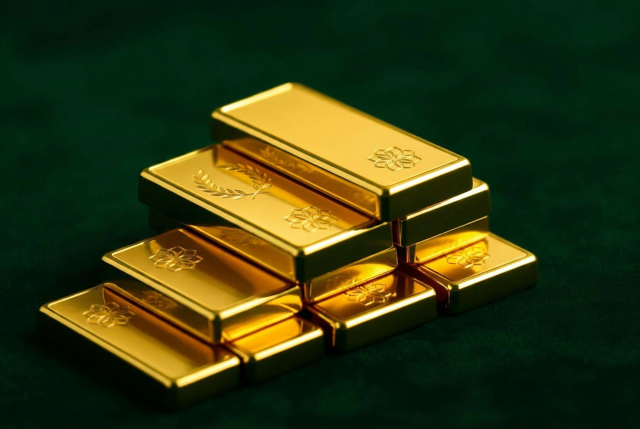 Stack of 24-karat gold bullion bars on emerald velvet